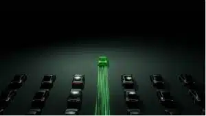 A green car in a row of cars